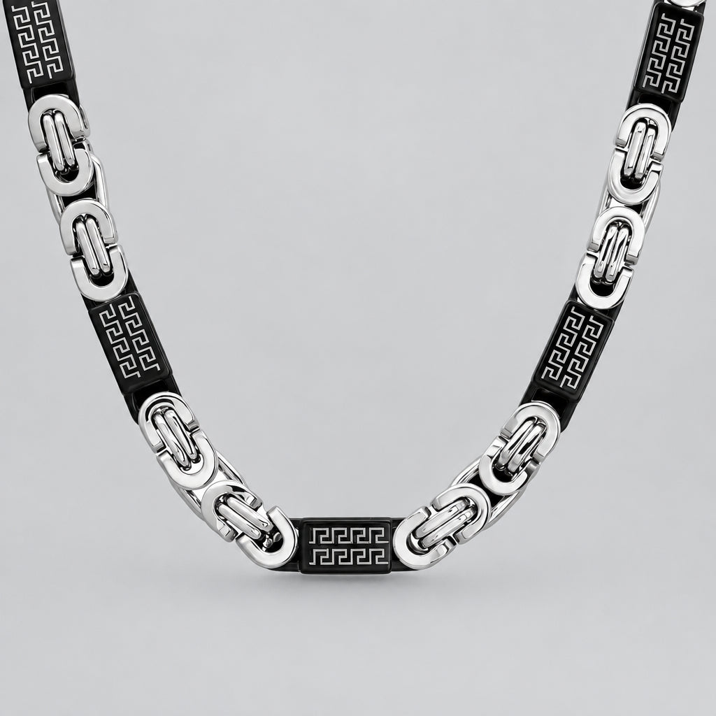 SteelTime Men's Two Tone Stainless Steel and Black IP Byzantine Necklace with Greek Key Accents Men's Jewelry Boutique of Leathers/Open Road