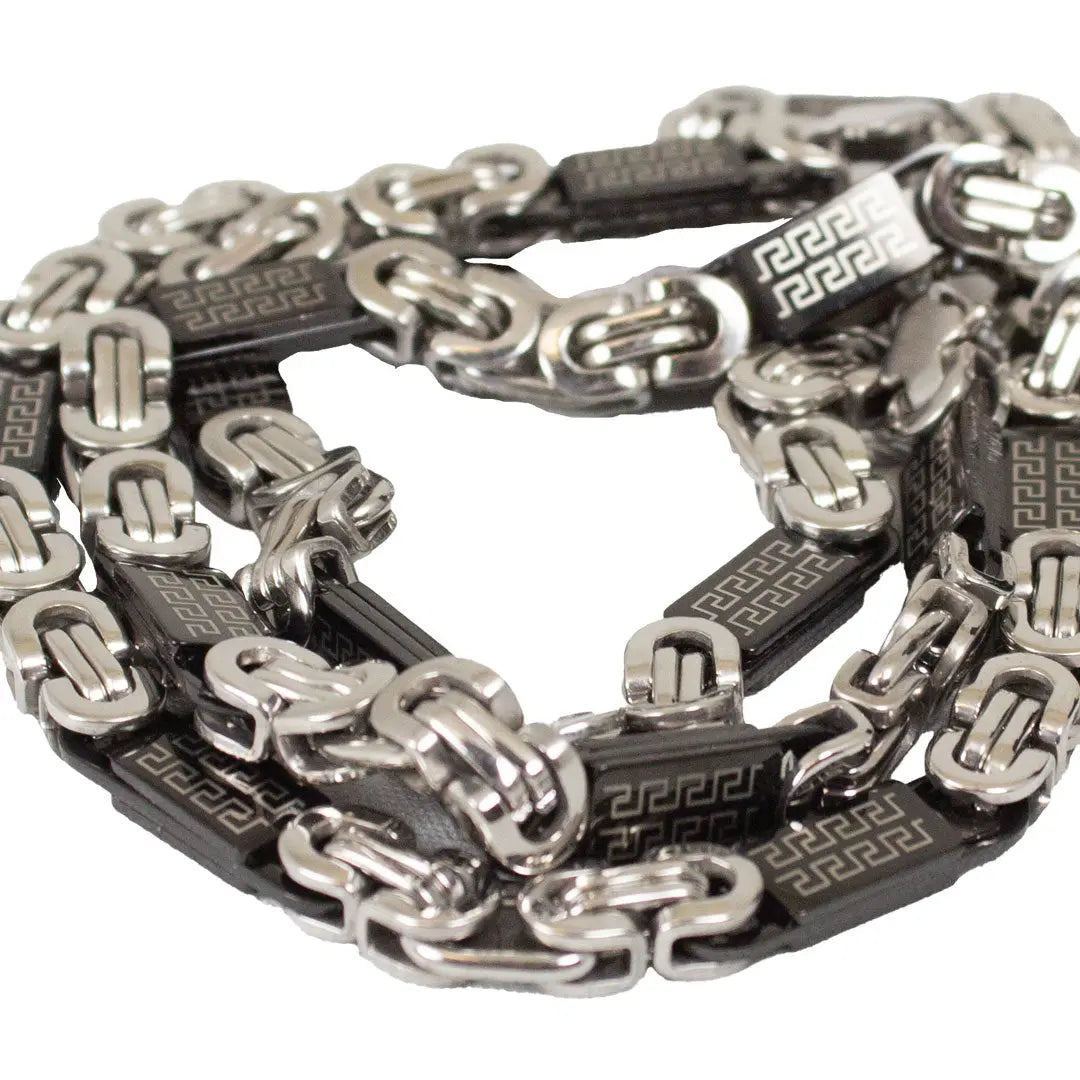 SteelTime Men's Two Tone Stainless Steel and Black IP Byzantine Necklace with Greek Key Accents Men's Jewelry Boutique of Leathers/Open Road
