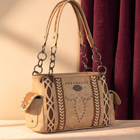 Montana West Cut-Out Embroidered Satchel. Suede-Feel Western Bag with Aztec Concho - Boutique of Leathers/Open Road