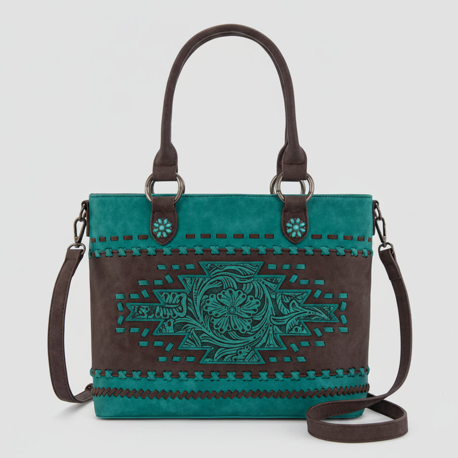 Montana West Western Tooled Aztec Tote. Structured PU Leather Crossbody with Turquoise Accents - Boutique of Leathers/Open Road