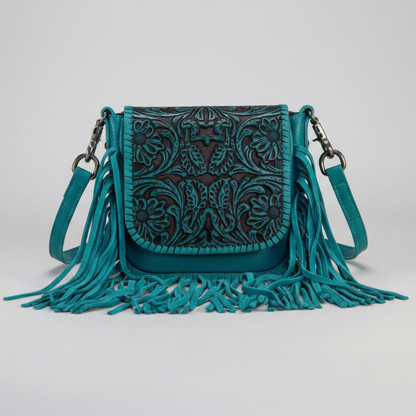 Montana West Vintage Tooled Leather Fringe Crossbody Bag. Floral Embossed Western Bag - Boutique of Leathers/Open Road