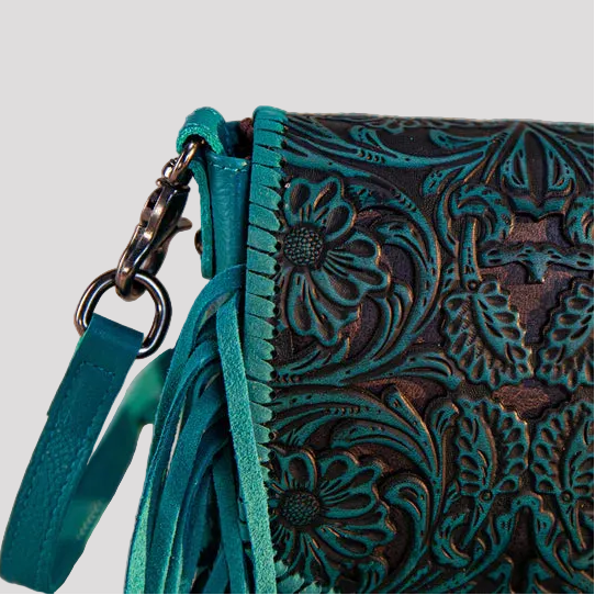 Montana West Vintage Tooled Leather Fringe Crossbody Bag. Floral Embossed Western Bag - Boutique of Leathers/Open Road