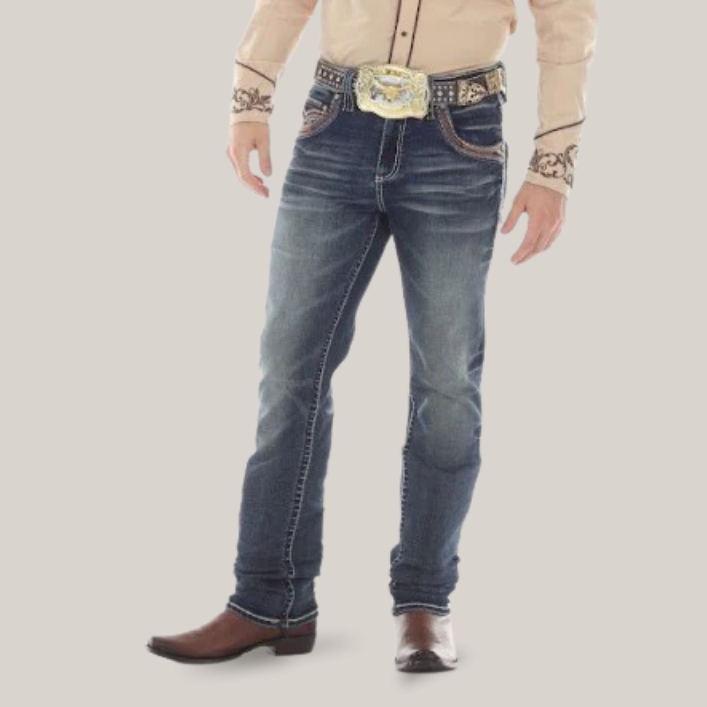 Eagle Warrior Men’s Premium Bootcut Jeans. Tribal Embroidered 7-Pocket Stretch Denim