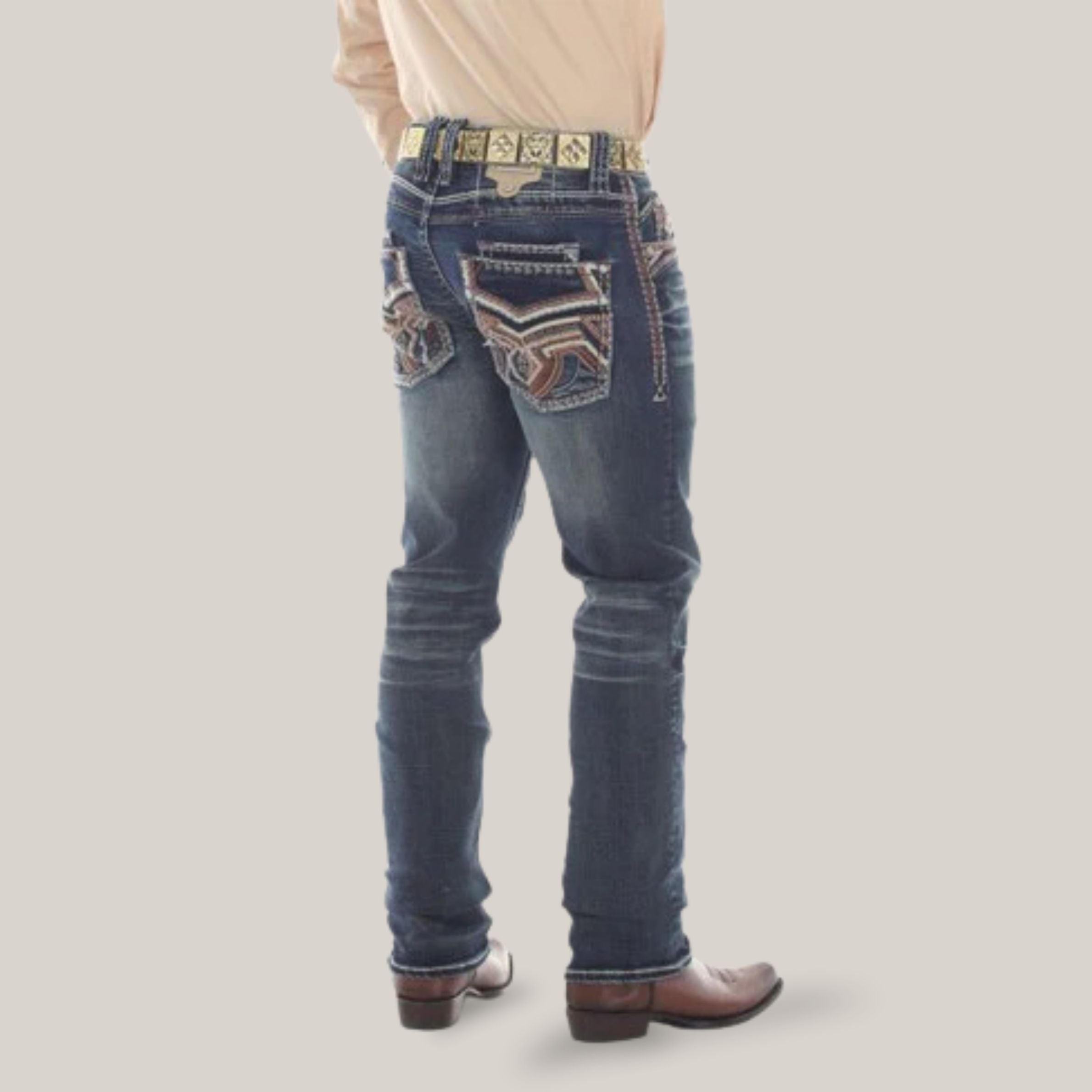 Eagle Warrior Men’s Premium Bootcut Jeans. Tribal Embroidered 7-Pocket Stretch Denim
