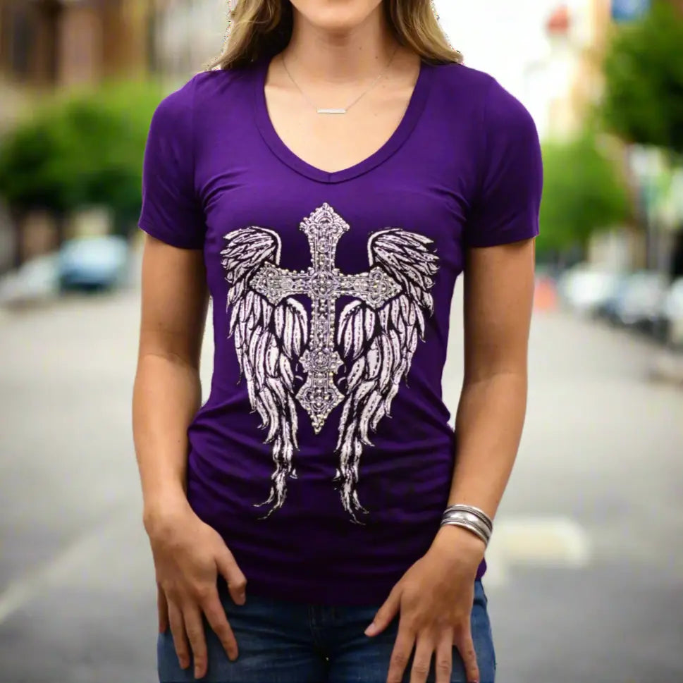 V-Neck Tee with Cross, Wings, and Rhinestone Accents Women's Shirts & Tees Boutique of Leathers/Open Road