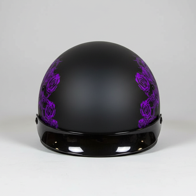 VOSS 707FRP Black Skull and Rose Half Helmet with Peak Motorcycle Helmets Boutique of Leathers/Open Road