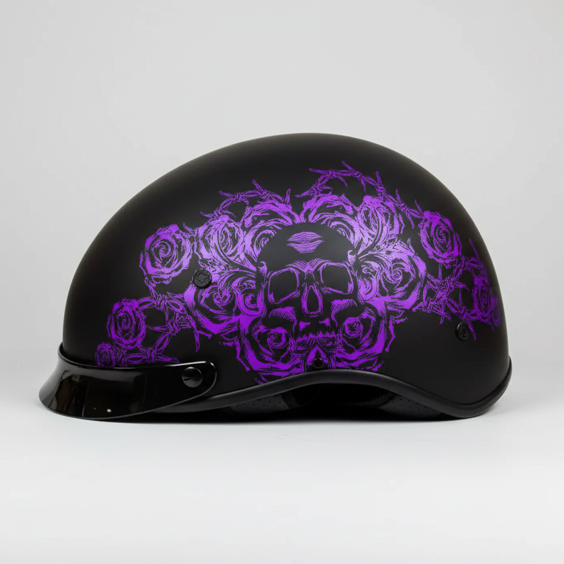 VOSS 707FRP Black Skull and Rose Half Helmet with Peak Motorcycle Helmets Boutique of Leathers/Open Road