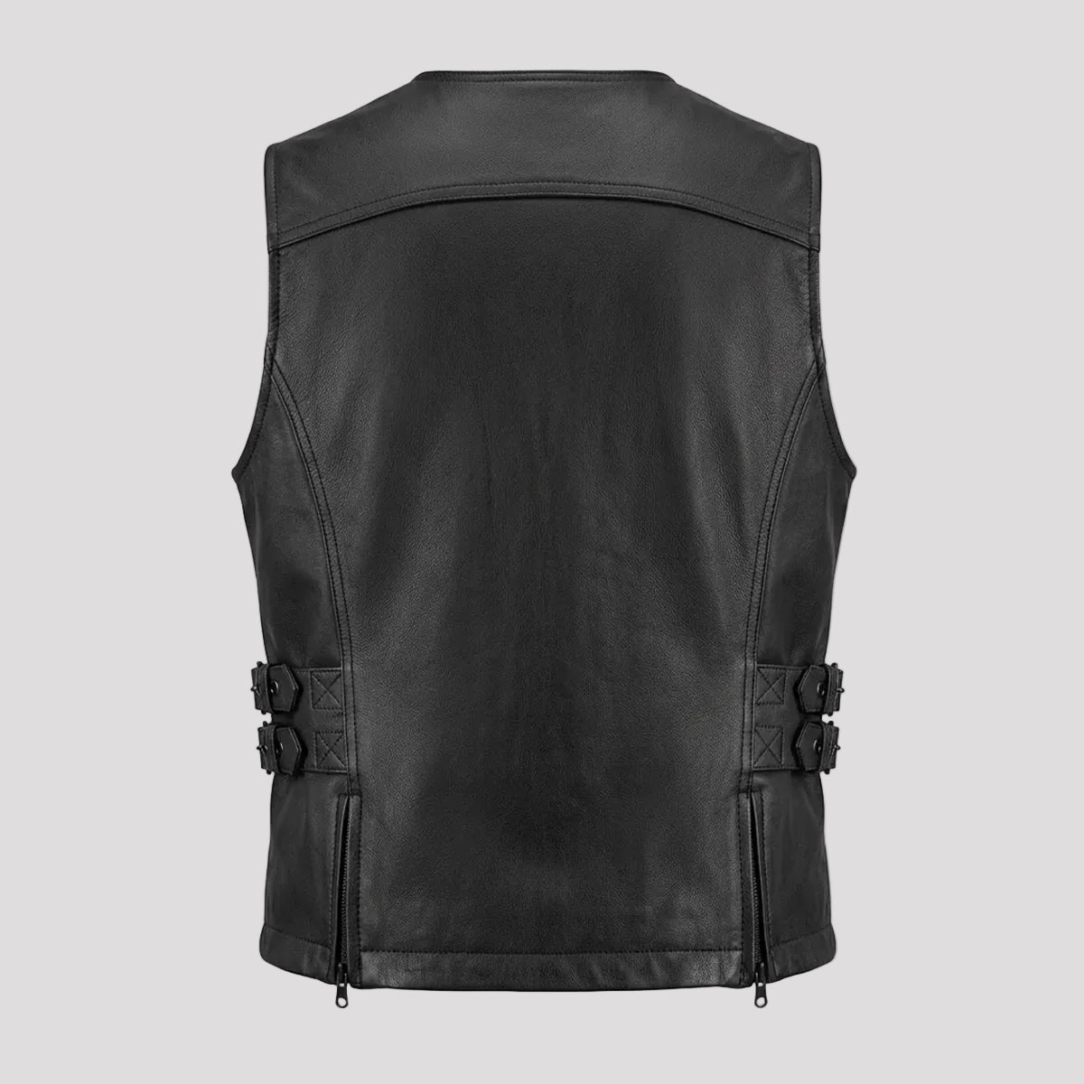 Black leather motorcycle vest shown from the back, featuring zippered side pockets and buckle details