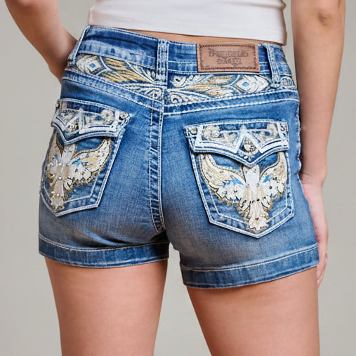 Westfield Eagle Women’s Embroidered Denim Shorts. High Waisted Eagle Wing Bling - Boutique of Leathers/Open Road