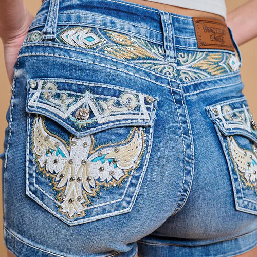 Westfield Eagle Women’s Embroidered Denim Shorts. High Waisted Eagle Wing Bling