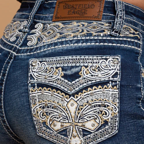 Westfield Eagle Women’s Embroidered Denim Shorts. High Waisted Cross Design Bling