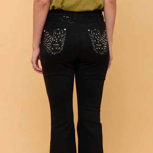 Westfield Eagle Women’s Black Bootcut Bling Jeans. High Waisted Embroidered Western Denim