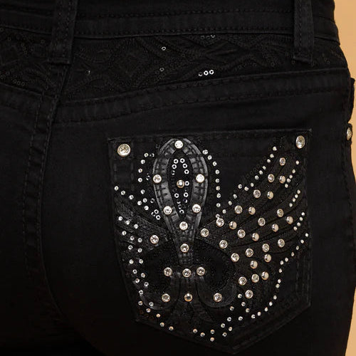 Westfield Eagle Women’s Black Bootcut Bling Jeans. High Waisted Embroidered Western Denim
