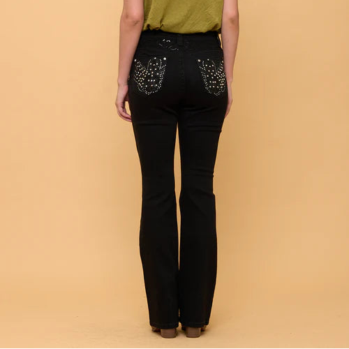 Westfield Eagle Women’s Black Bootcut Bling Jeans. High Waisted Embroidered Western Denim