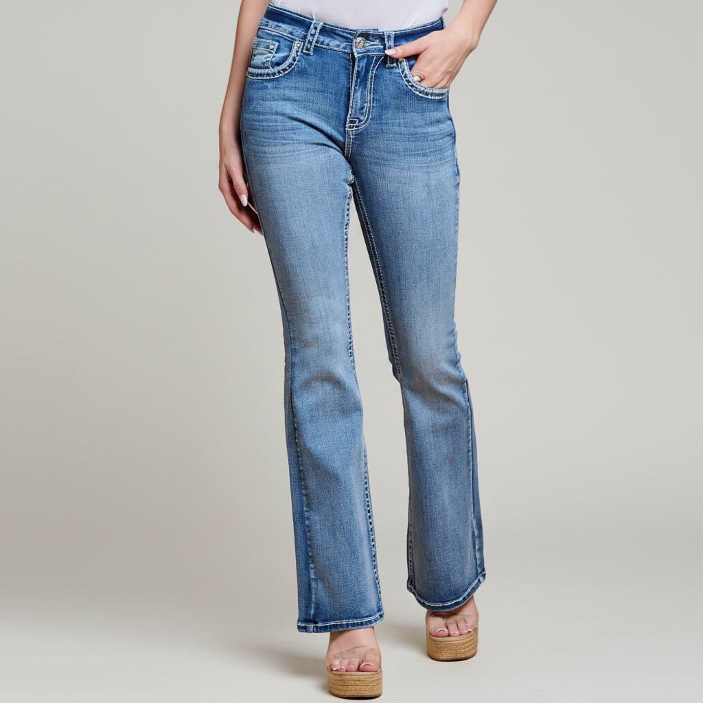 Westfield Eagle Women’s Embroidered Bootcut Jeans. High Waisted Saddle Stitch Stretch Denim - Boutique of Leathers/Open Road