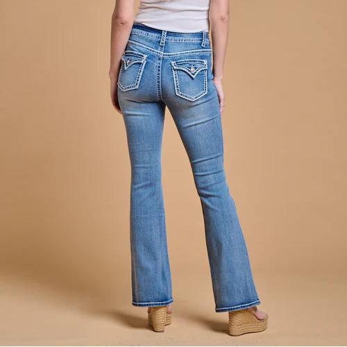Westfield Eagle Women’s Embroidered Bootcut Jeans. High Waisted Saddle Stitch Stretch Denim