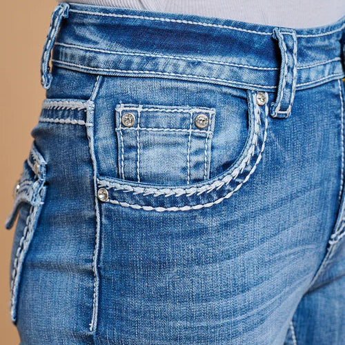 Westfield Eagle Women’s Embroidered Bootcut Jeans. High Waisted Saddle Stitch Stretch Denim