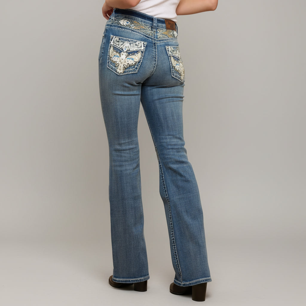 Westfield Eagle Women’s Embroidered Bootcut Jeans. High Waisted Eagle Bling Denim - Boutique of Leathers/Open Road