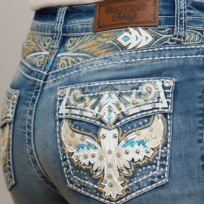 Westfield Eagle Women’s Embroidered Bootcut Jeans. High Waisted Eagle Bling Denim - Boutique of Leathers/Open Road