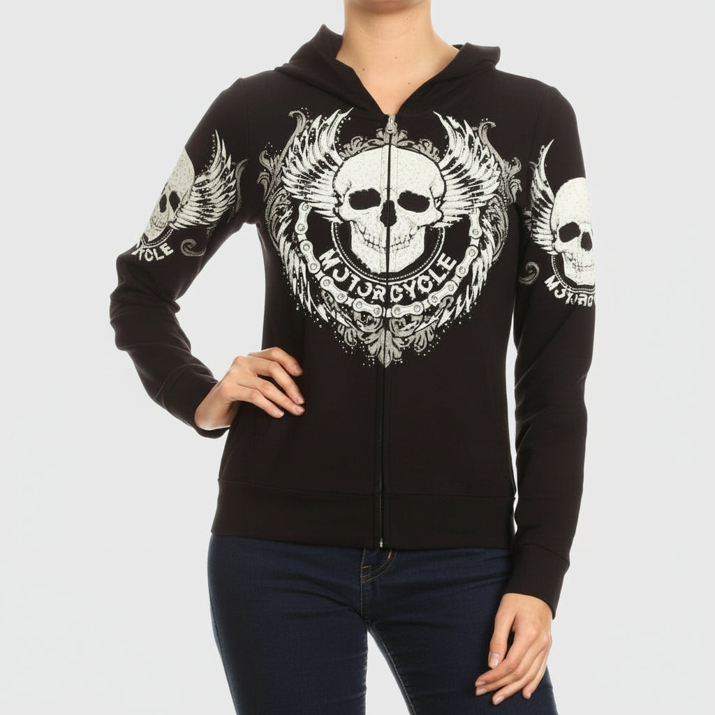 Women's Motorcycle Zip Up Hoodie with Rhinestone Skull & Wings - Boutique of Leathers/Open Road