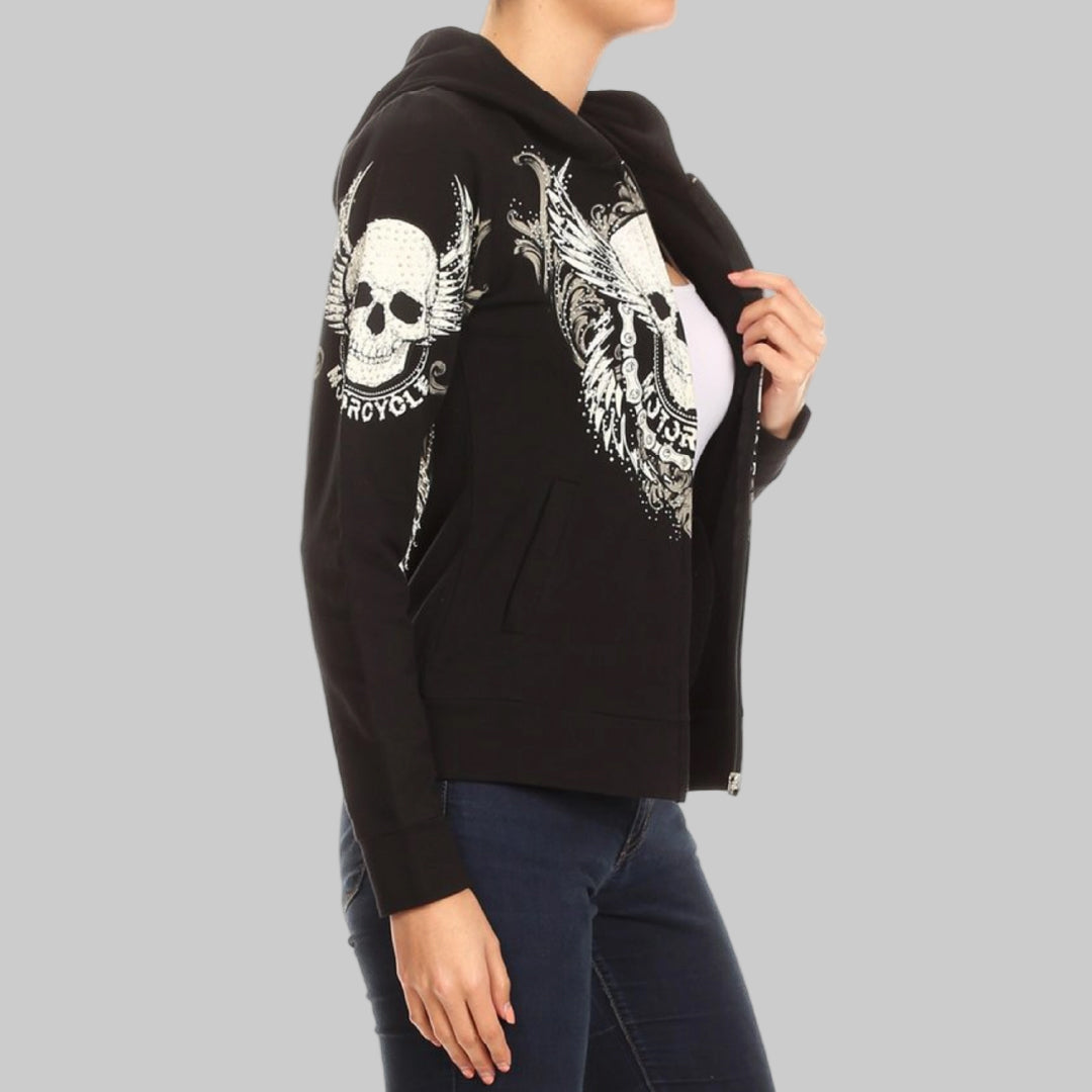 Women's Motorcycle Zip Up Hoodie with Rhinestone Skull & Wings - Boutique of Leathers/Open Road