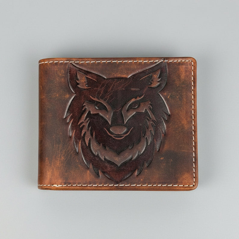 Men’s Wolf Face Embossed Bifold Leather Wallet