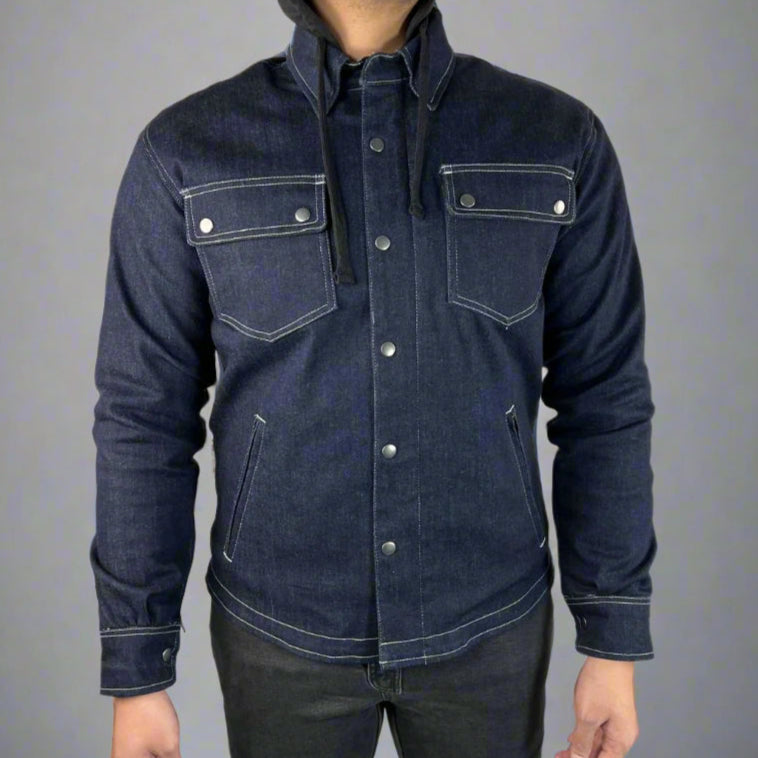 Men’s Armored Denim Shirt with Removable Hoodie - Boutique of Leathers/Open Road