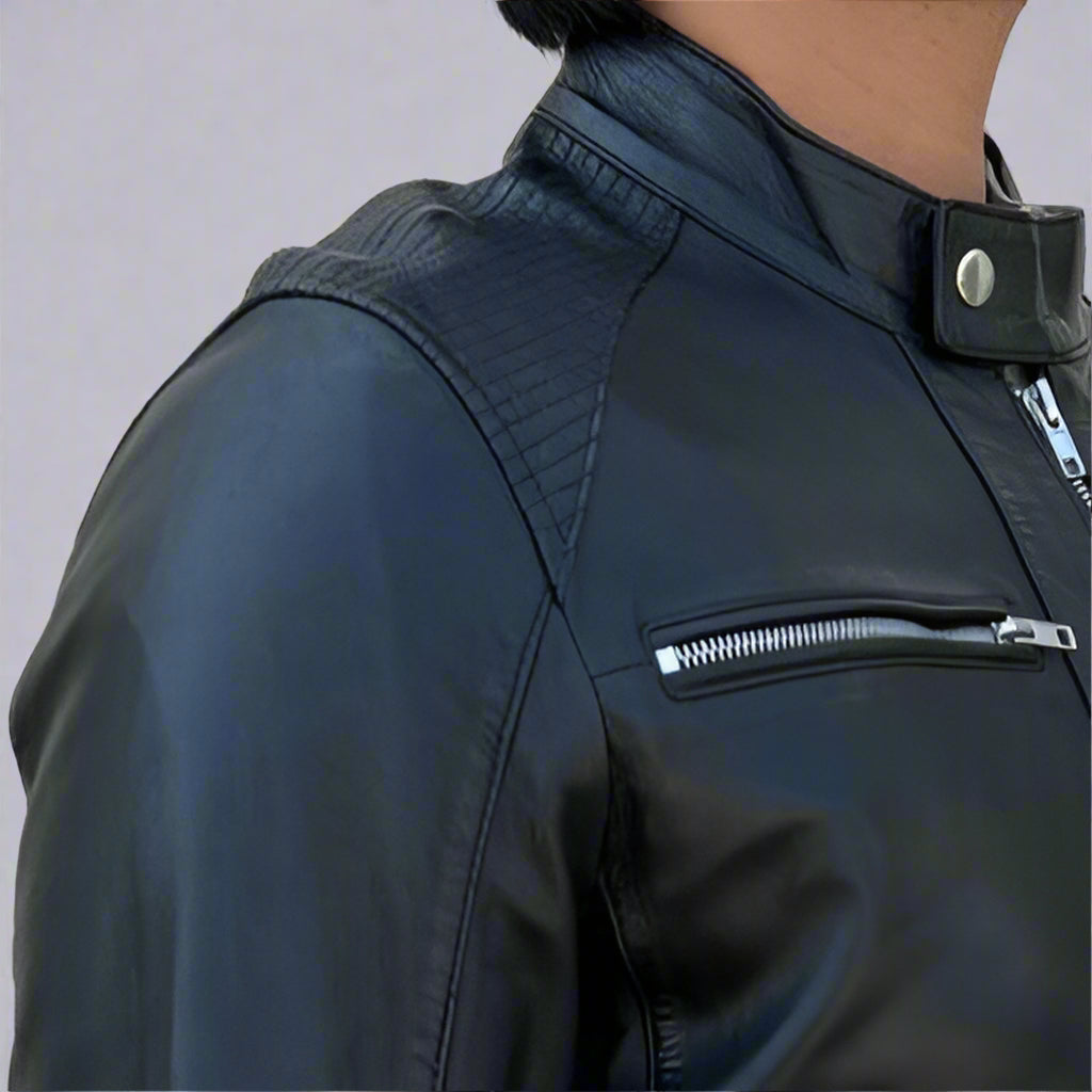 Men’s Sheep Leather Jacket. 4-Pocket, Stand Snap Collar & Silver Zippers - Boutique of Leathers/Open Road