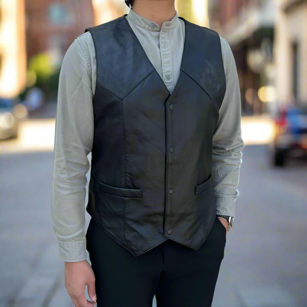 Men's Sheep Leather Vest. Snap Closure & Front Pockets - Boutique of Leathers/Open Road