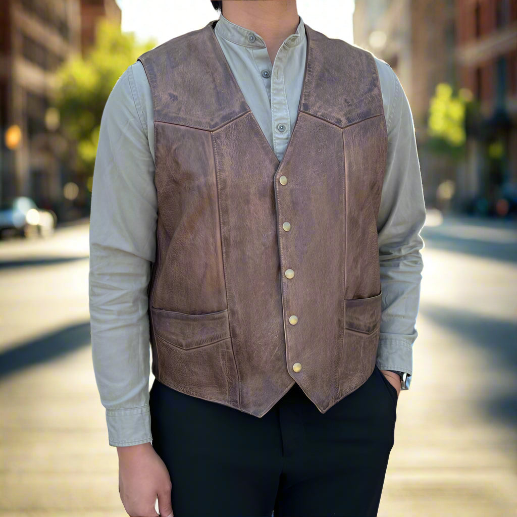 Men's Cow Leather Vest. Classic Style with Snap Closure & Front Pockets - Boutique of Leathers/Open Road