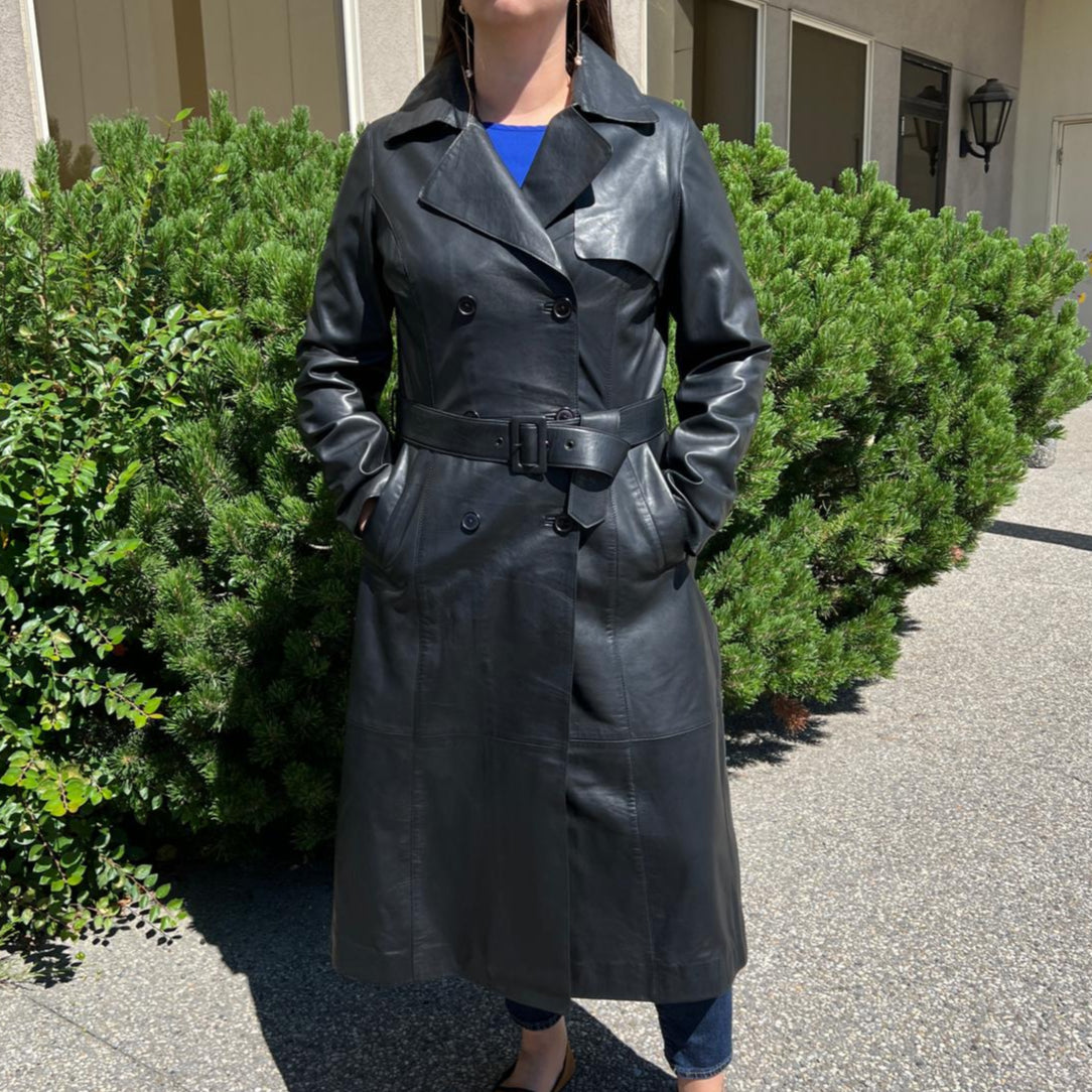 Women's Classic Leather Trench Coat. Double-Breasted Button Closure with Adjustable Belt - Boutique of Leathers/Open Road