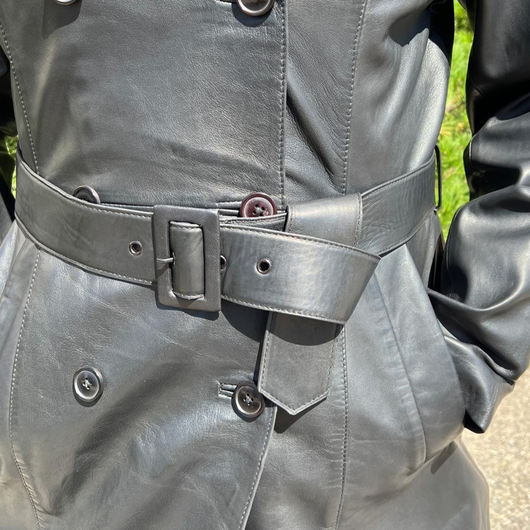 Women's Classic Leather Trench Coat. Double-Breasted Button Closure with Adjustable Belt - Boutique of Leathers/Open Road