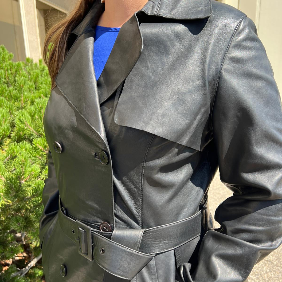 Women's Classic Leather Trench Coat. Double-Breasted Button Closure with Adjustable Belt - Boutique of Leathers/Open Road