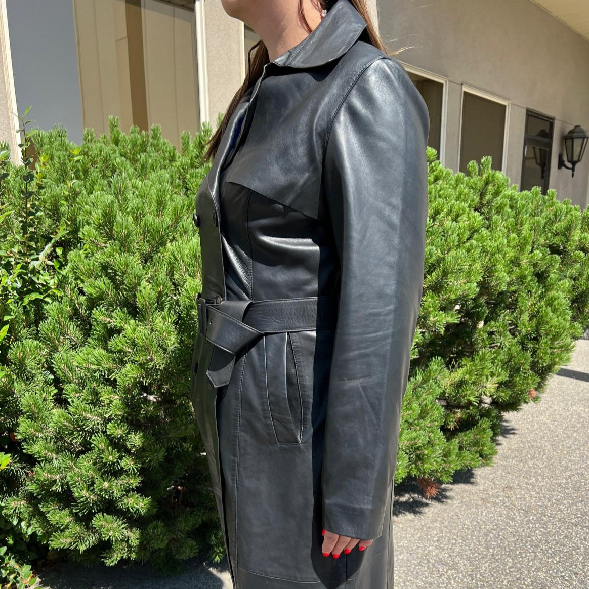 Women's Classic Leather Trench Coat. Double-Breasted Button Closure with Adjustable Belt - Boutique of Leathers/Open Road