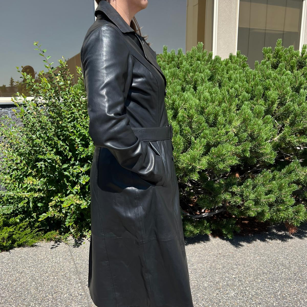 Women's Classic Leather Trench Coat. Double-Breasted Button Closure with Adjustable Belt - Boutique of Leathers/Open Road
