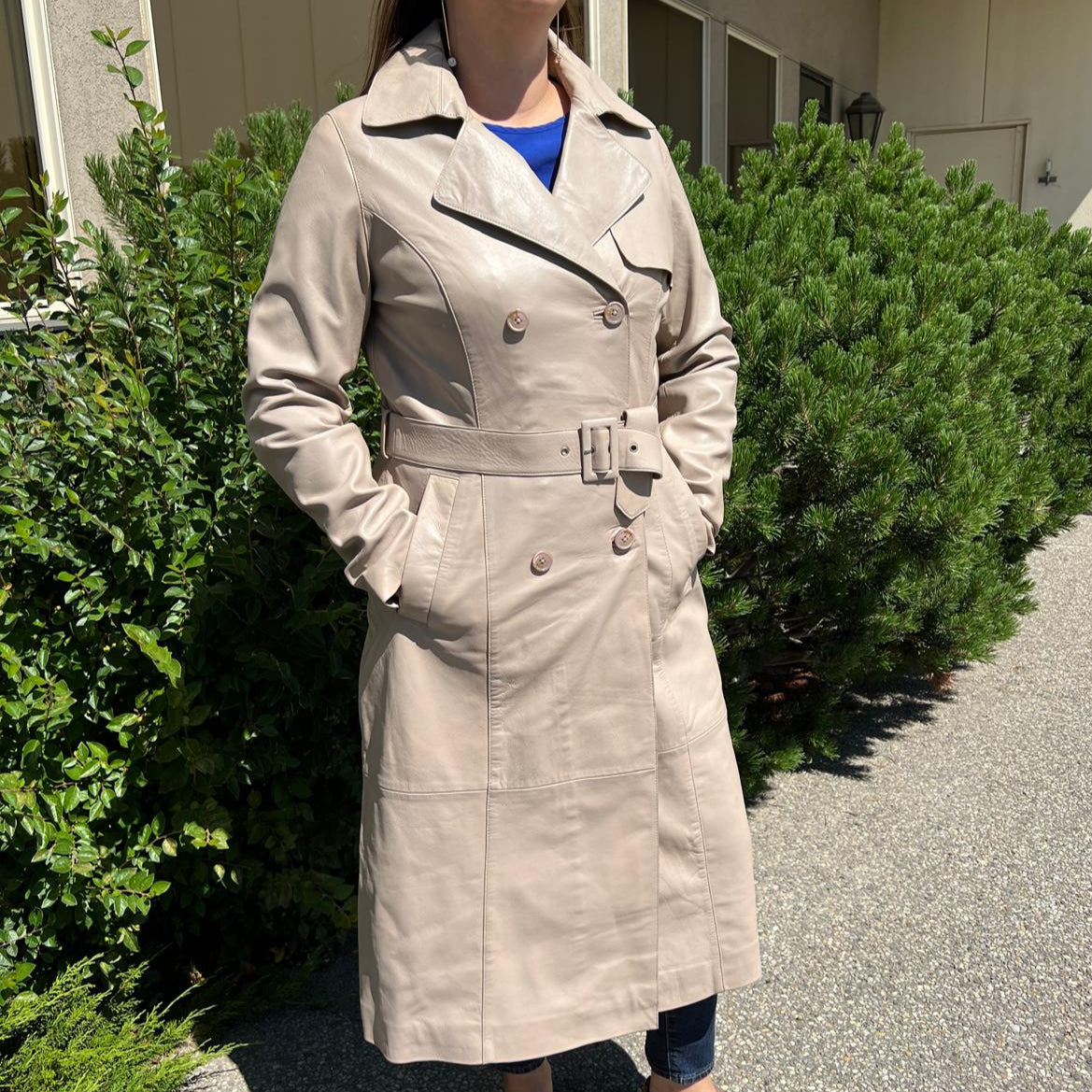 Women's Classic Leather Trench Coat. Double-Breasted Button Closure with Adjustable Belt - Boutique of Leathers/Open Road