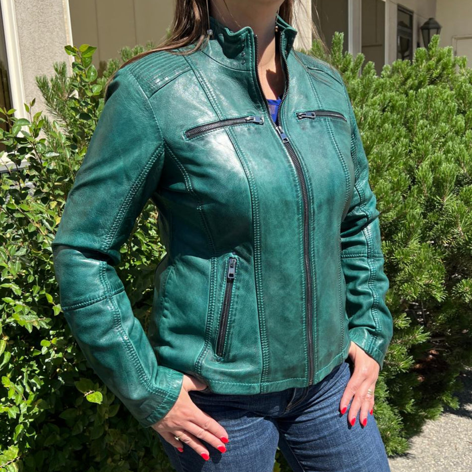 Women's Classic Sheep Leather Jacket. Standing Collar with Studs, 4 Zippered Pockets & Shoulder Accent Stitching - Boutique of Leathers/Open Road
