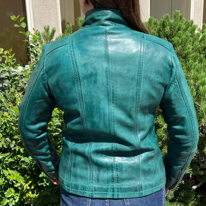 Women's Classic Sheep Leather Jacket. Standing Collar with Studs, 4 Zippered Pockets & Shoulder Accent Stitching - Boutique of Leathers/Open Road