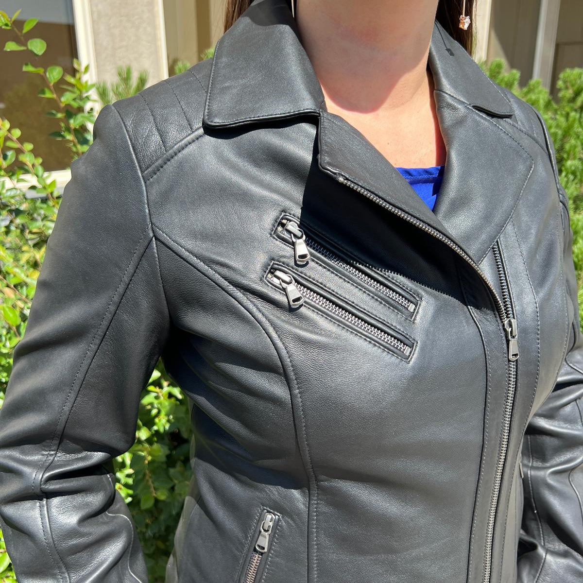 Women's Lamb Leather Biker Look Jacket with Asymmetrical Collar and Stitched Shoulders - Boutique of Leathers/Open Road