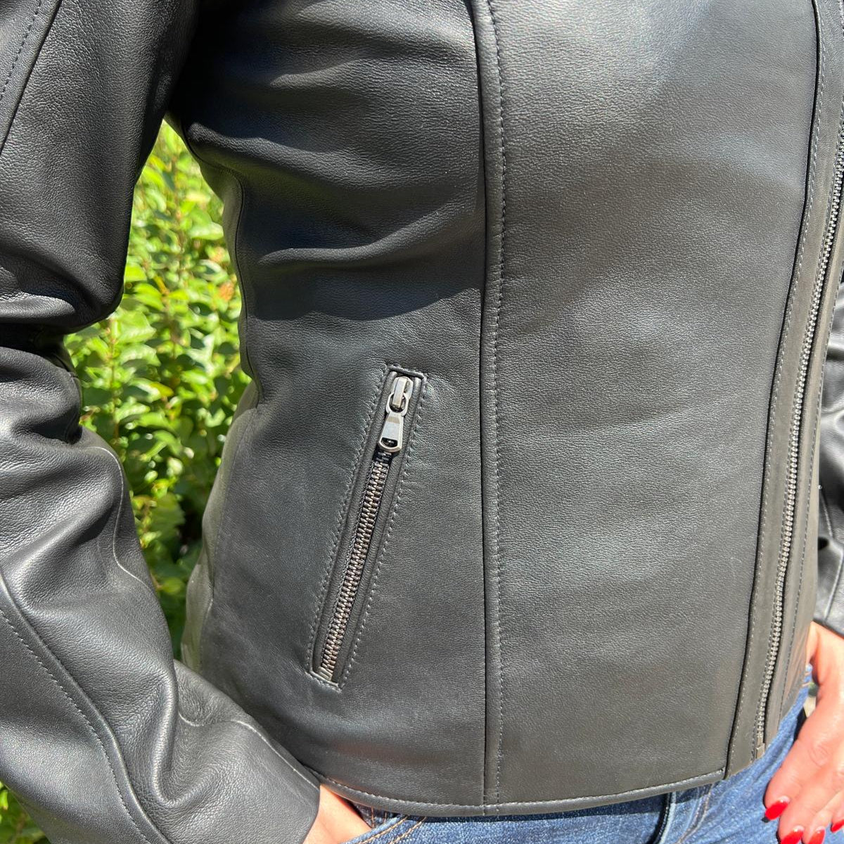Women's Lamb Leather Biker Look Jacket with Asymmetrical Collar and Stitched Shoulders - Boutique of Leathers/Open Road