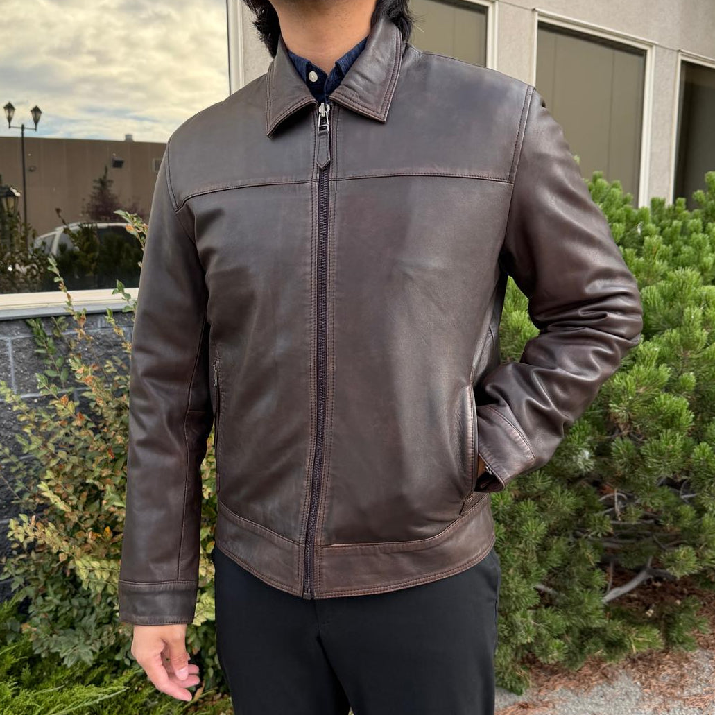Men's Lamb Leather Jacket. Brown Classic Fit with Full Zip & Side Pockets - Boutique of Leathers/Open Road