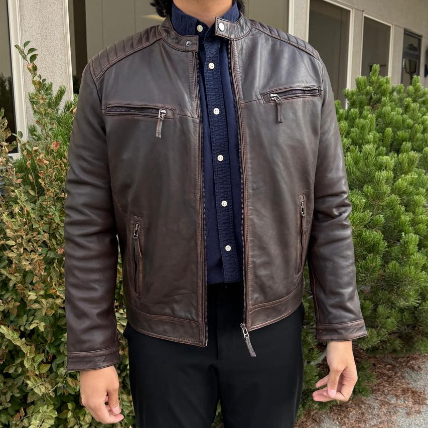 Men's Lamb Leather Jacket. Brown Vintage Style with Zip Pockets - Boutique of Leathers/Open Road