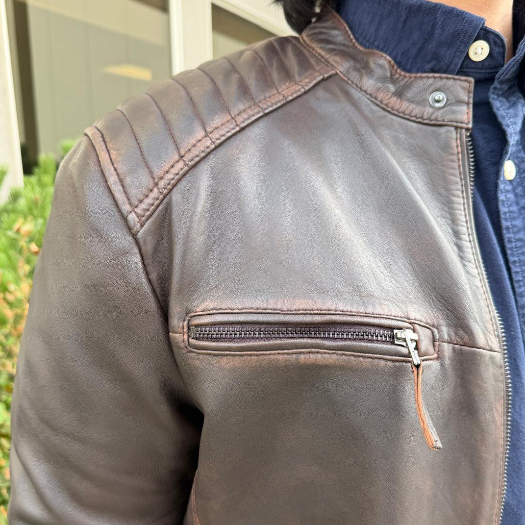 Men's Lamb Leather Jacket. Brown Vintage Style with Zip Pockets - Boutique of Leathers/Open Road