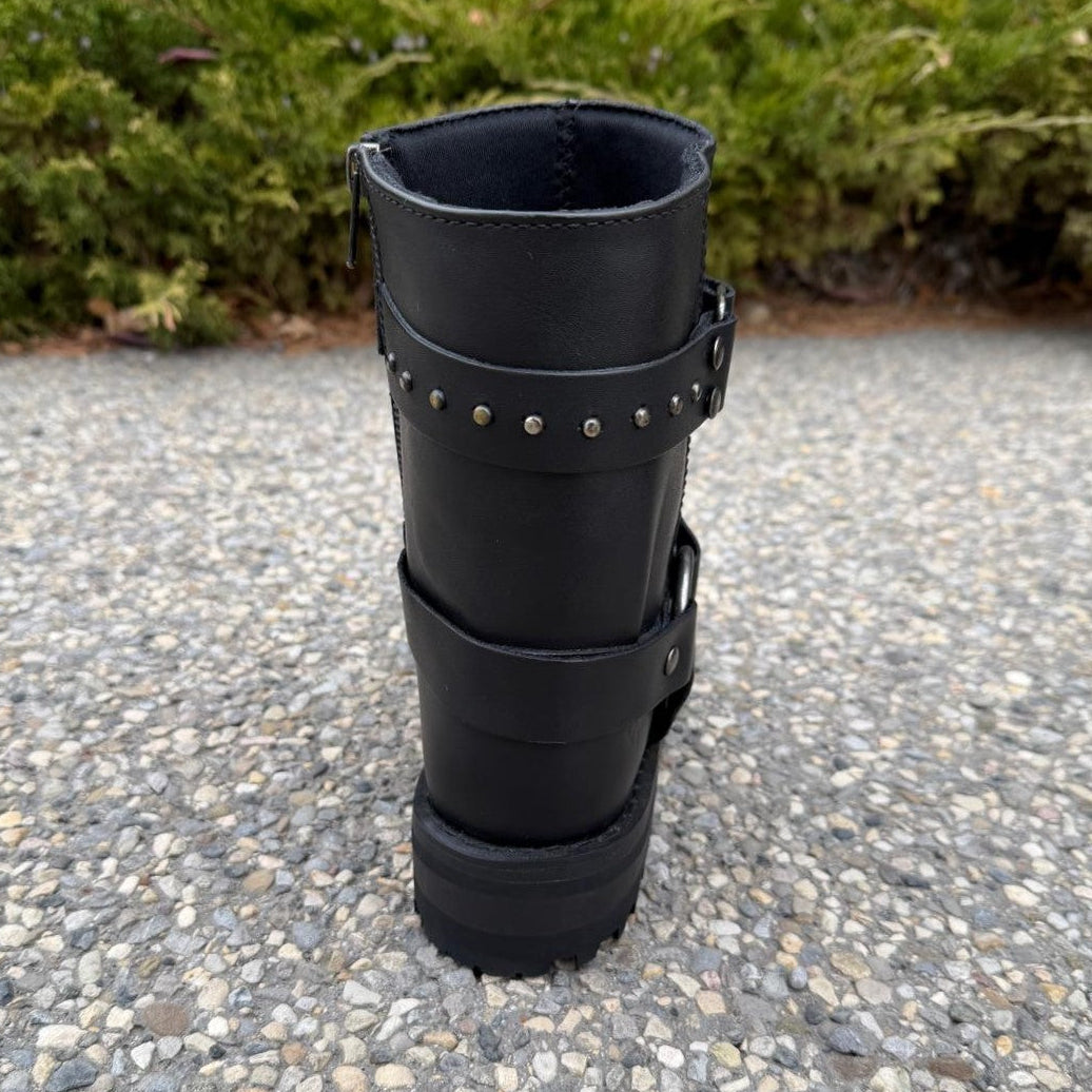 Women's Motorcycle Biker Leather Boots. Black Cowhide with Studded Straps & Side Zip