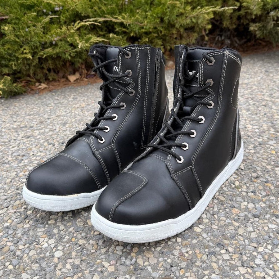 Men's Sneaker Biker Boots. Black Cowhide Leather with White Sole, Lace-Up & Side Zip