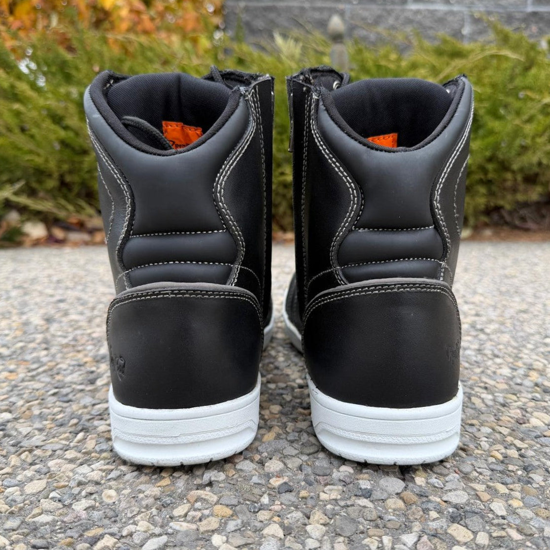 Men's Sneaker Biker Boots. Black Cowhide Leather with White Sole, Lace-Up & Side Zip