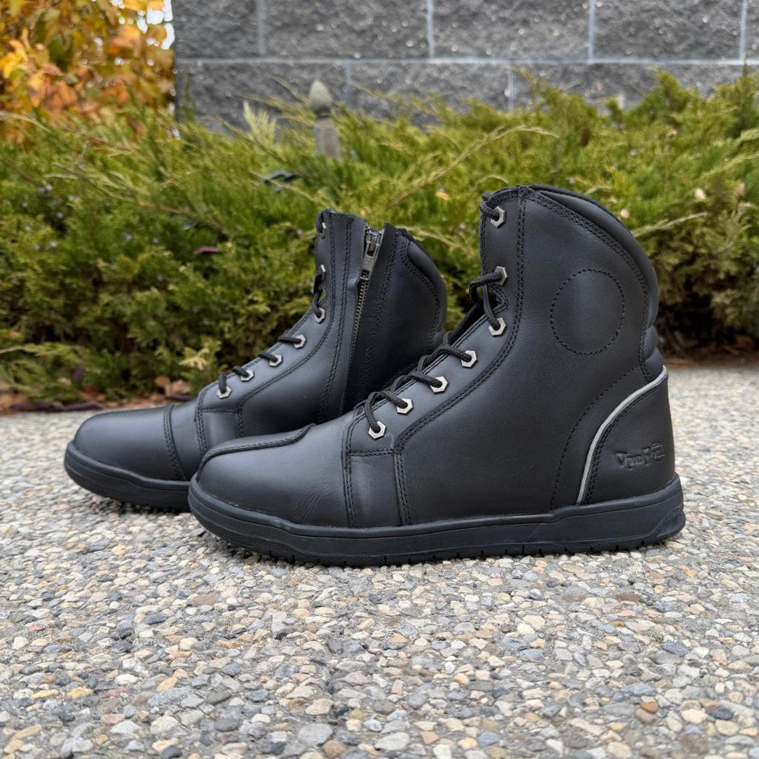 Men's Sneaker Biker Boots. Black Cowhide Leather with Lace-Up & Side Zip