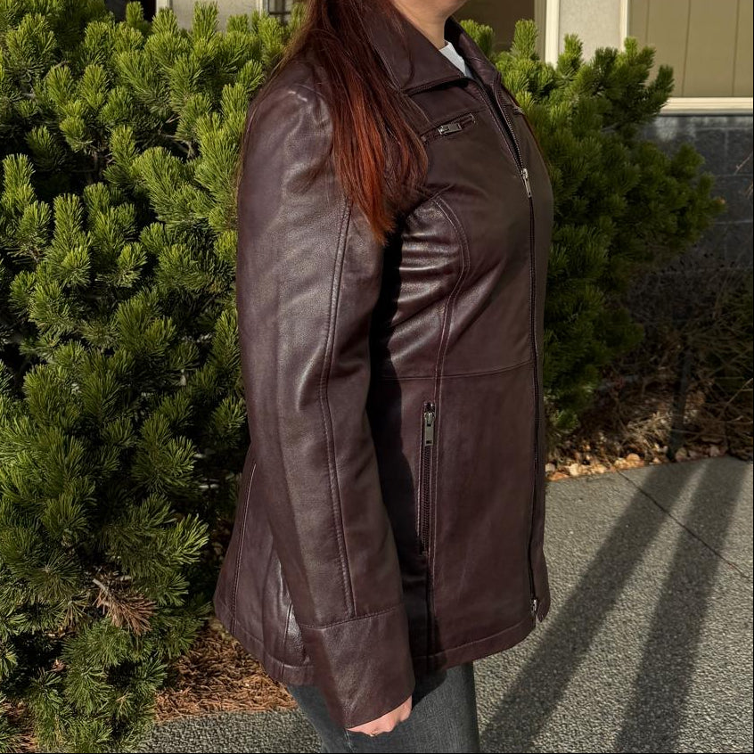 Classic Women's Mid-Length Lamb Leather Jacket