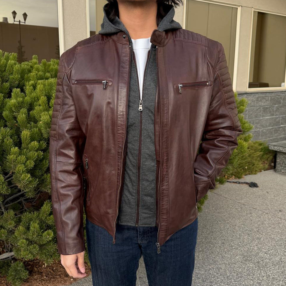 Men's Lamb Leather Jacket with Removable Hoodie - Boutique of Leathers/Open Road