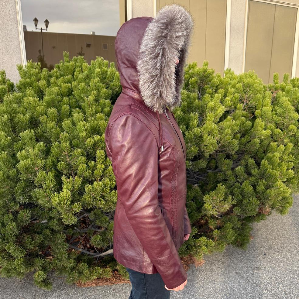 Women's Sheepskin Leather Jacket with Real Fox Fur Trim